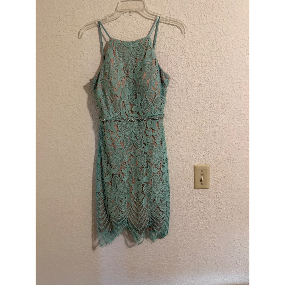 City Triangles Aqua Mint‎ Green Floral Lace Halter Cocktail Dress Beaded Waist 5